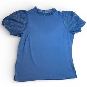 RW&CO. Blue Blouse with Sheer Puff Sleeves Ruffles sz M